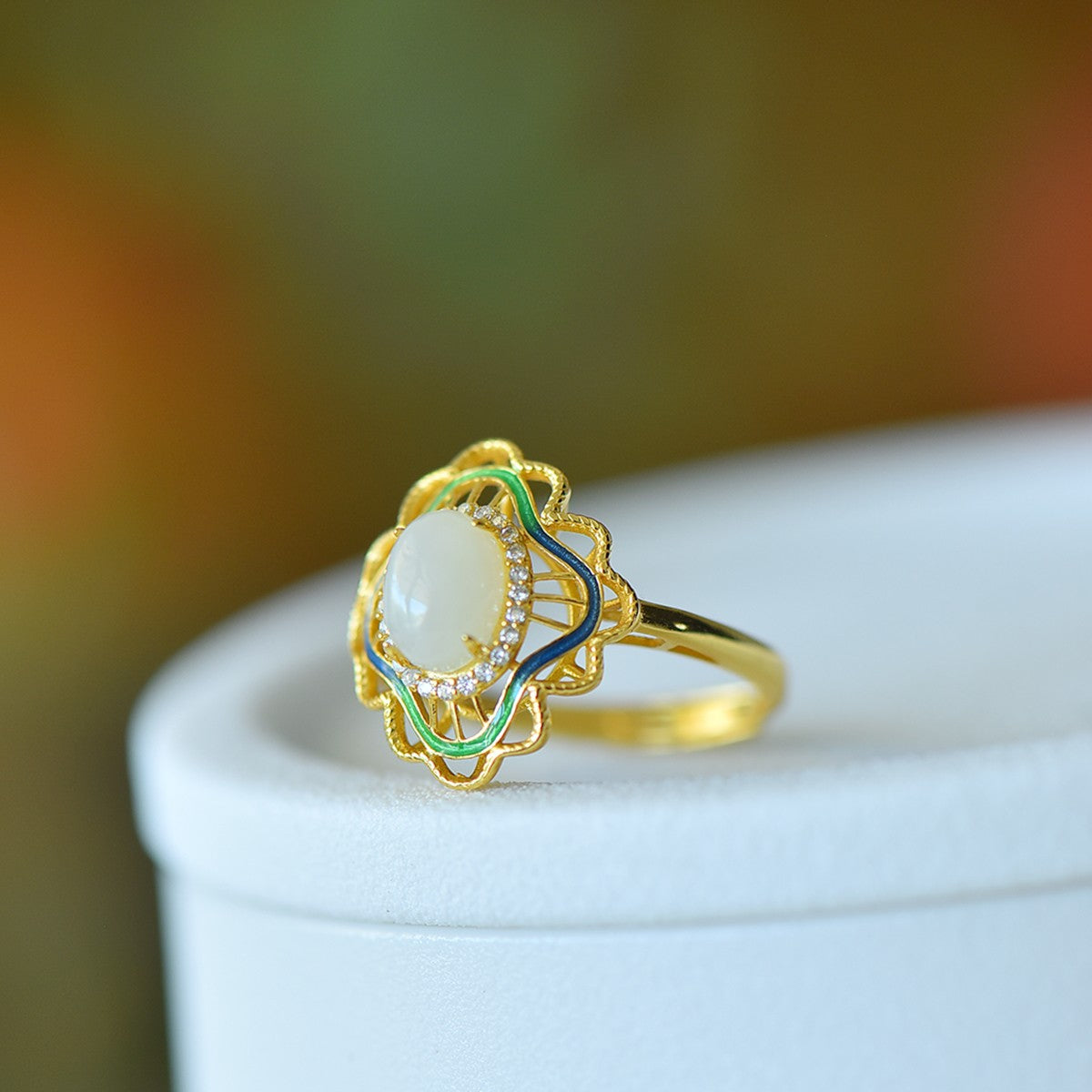 S925 Sterling Silver Nephrite Jade Filigree Hollow-out Ring