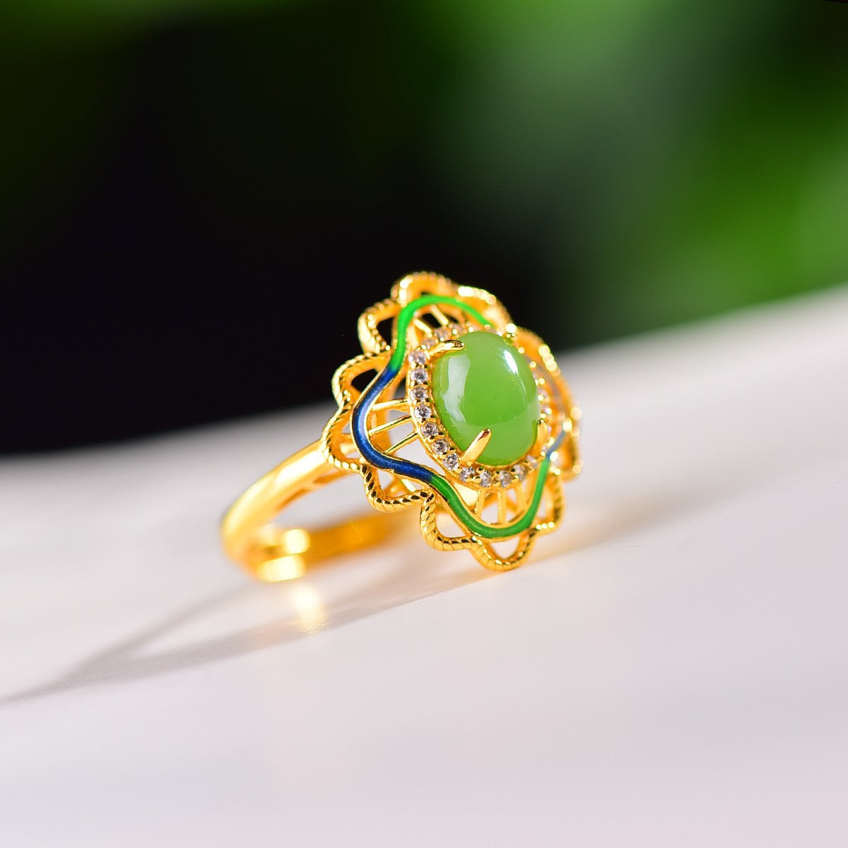 S925 Sterling Silver Nephrite Jade Filigree Cabochon Ring