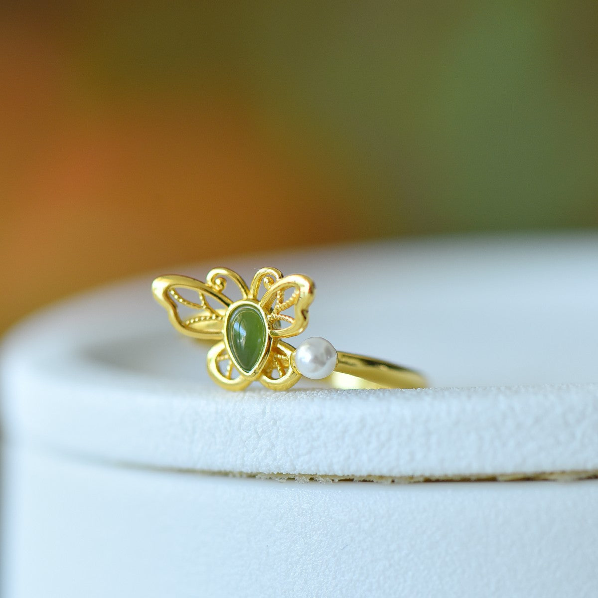 S925 Sterling Silver Nephrite Jade Butterfly Water-drop Ring