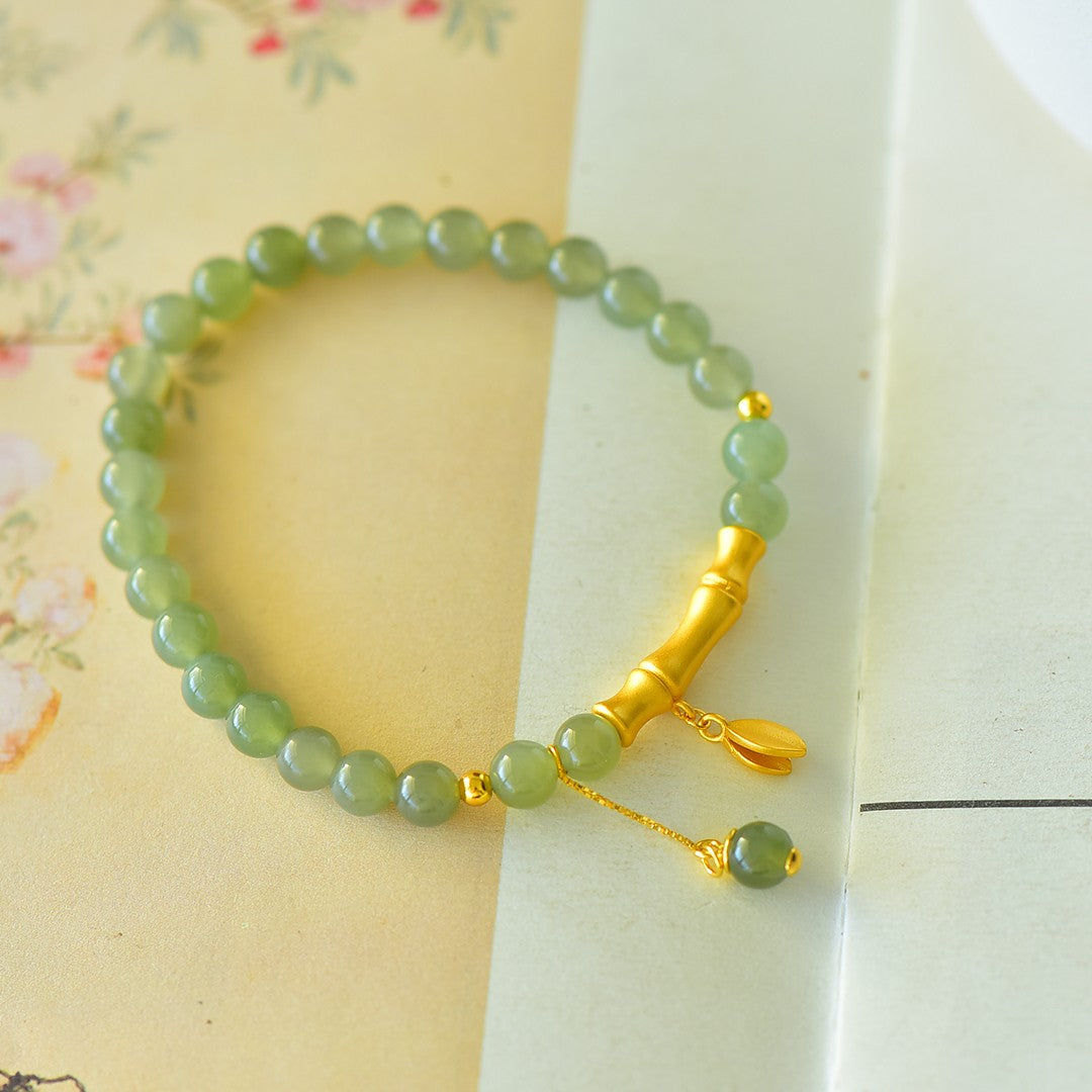 S925 Sterling Silver Nephrite Jade Bangle - Bamboo Joint Success Design