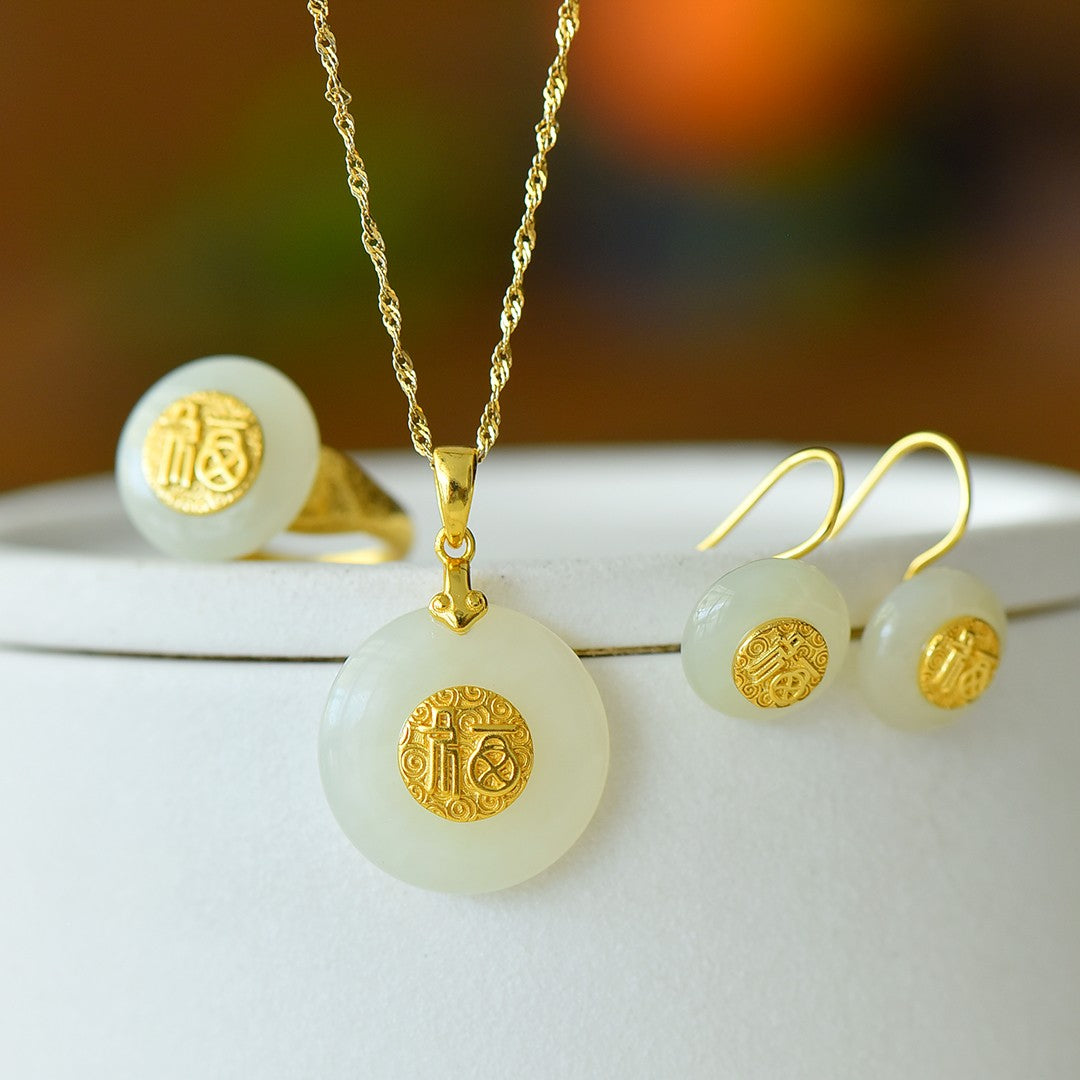 S925 Sterling Silver Nephrite Jade Peace Buckle Jewelry Set