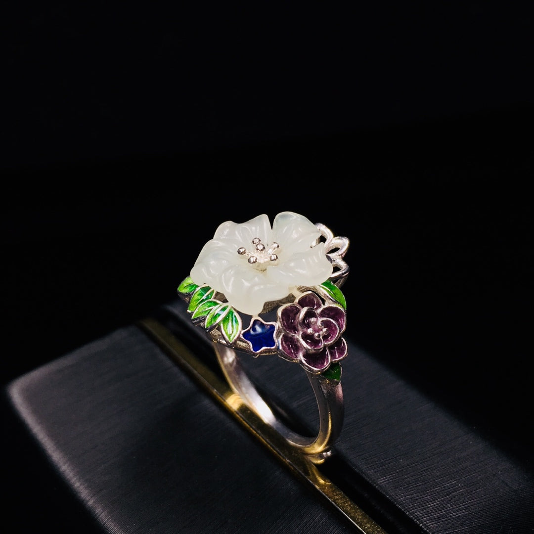 S925 Silver Enamel Nephrite Jade Five-Petal Flower Ring - New Trend