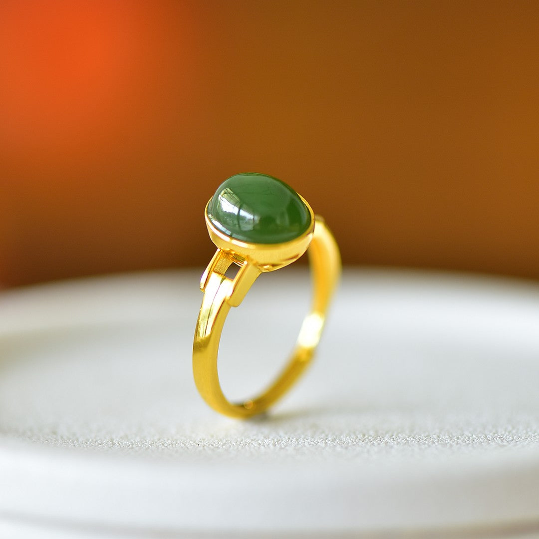 S925 Sterling Silver Nephrite Green Jade Fullness Simple Ring