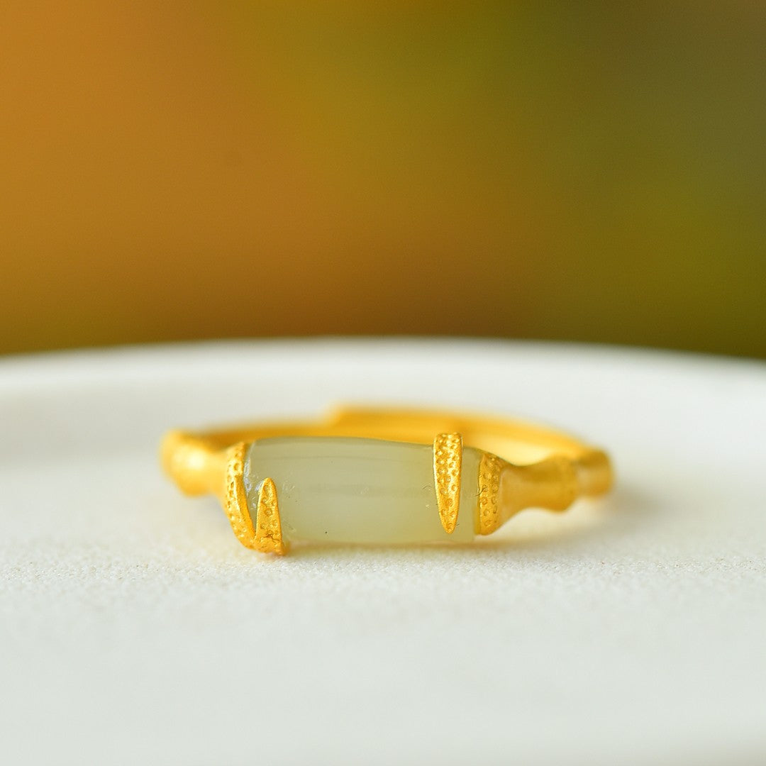 S925 Sterling Silver Nephrite Jade Bamboo Joint Ring