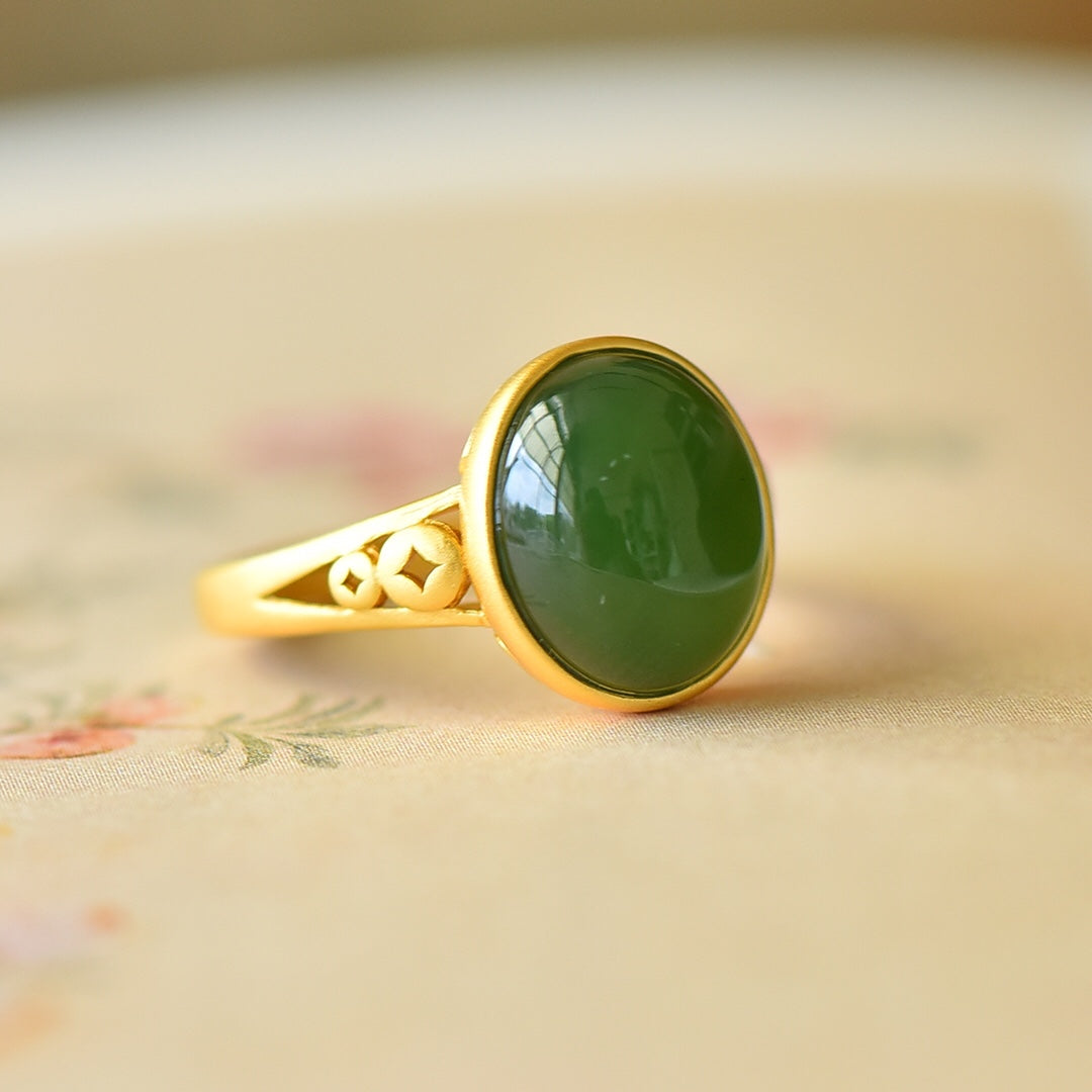 S925 Silver Nephrite Green Jade Cabochon Ring - Artisan Engraved