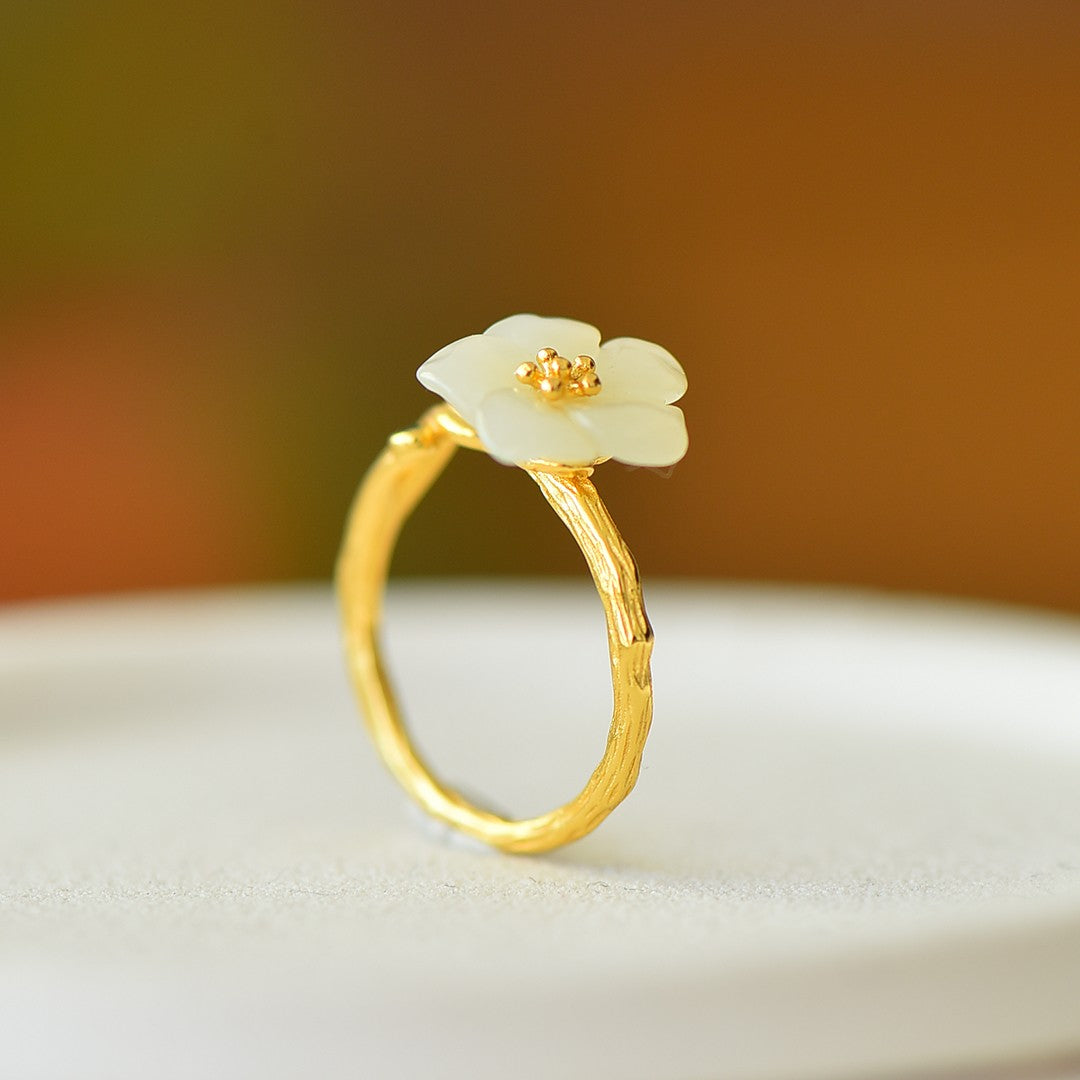 S925 Sterling Silver Nephrite Jade Five-Petal Flower Ring with Zirconia