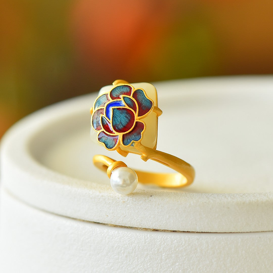 S925 Sterling Silver Enamel Nephrite Jade Peony Flower Ring