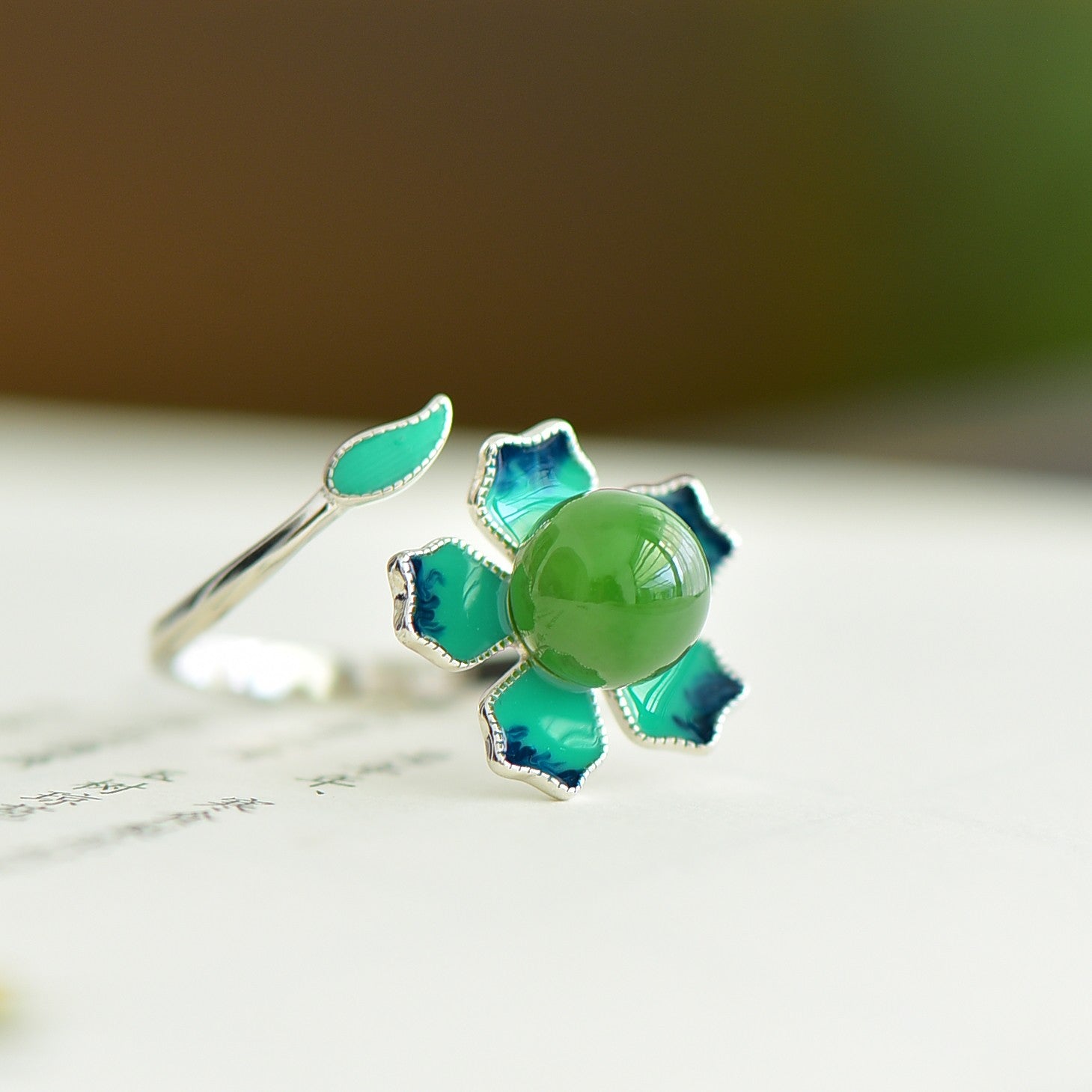 S925 Sterling Silver Nephrite Green Jade Lotus Enamel Ring