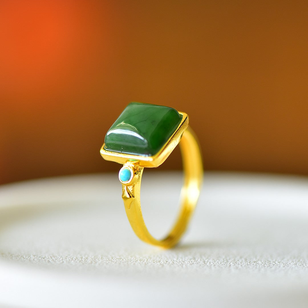 S925 Sterling Silver Nephrite Green Jade Elegant Square Ring