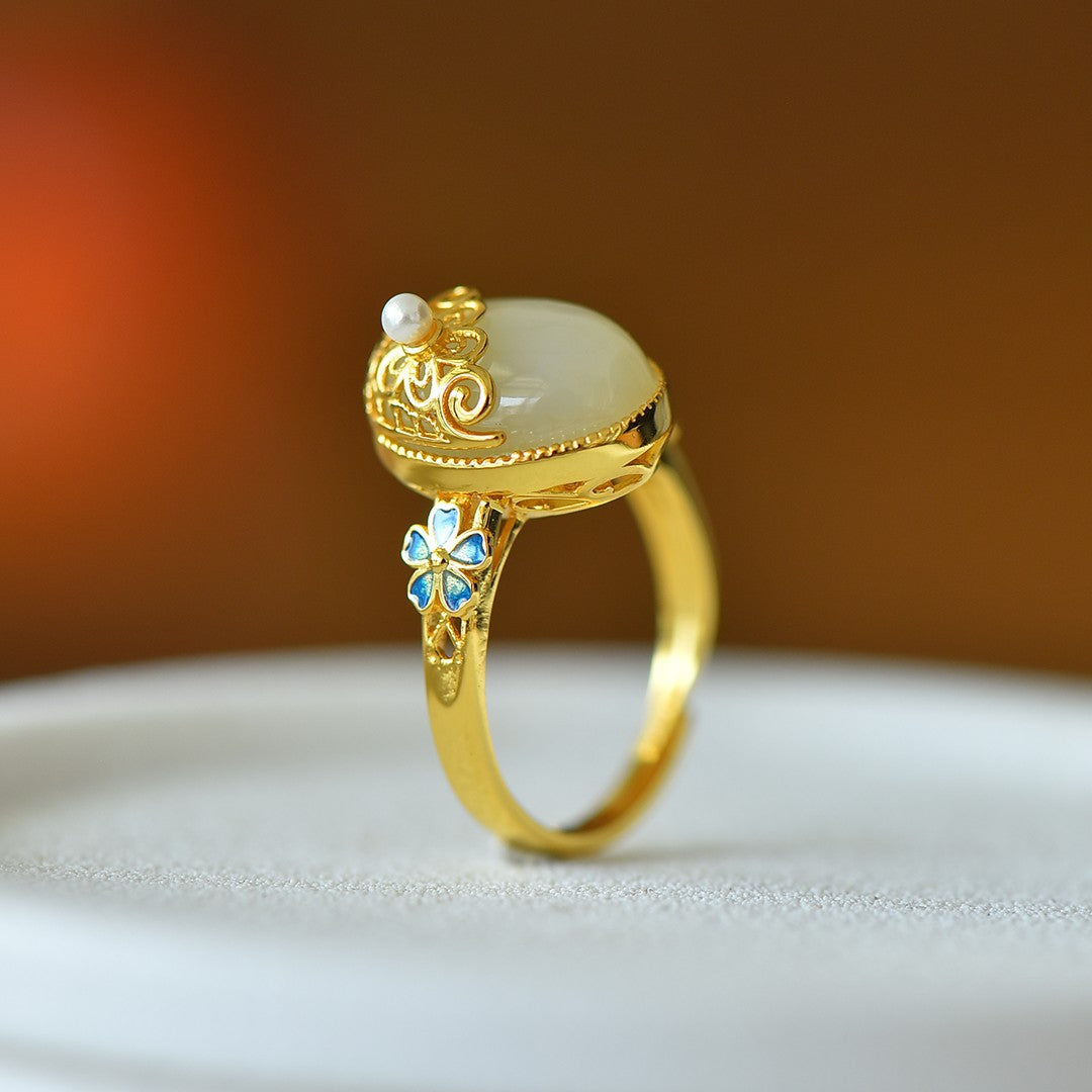 S925 Sterling Silver Enamel Nephrite Jade Cherished Ring - Ancient Style