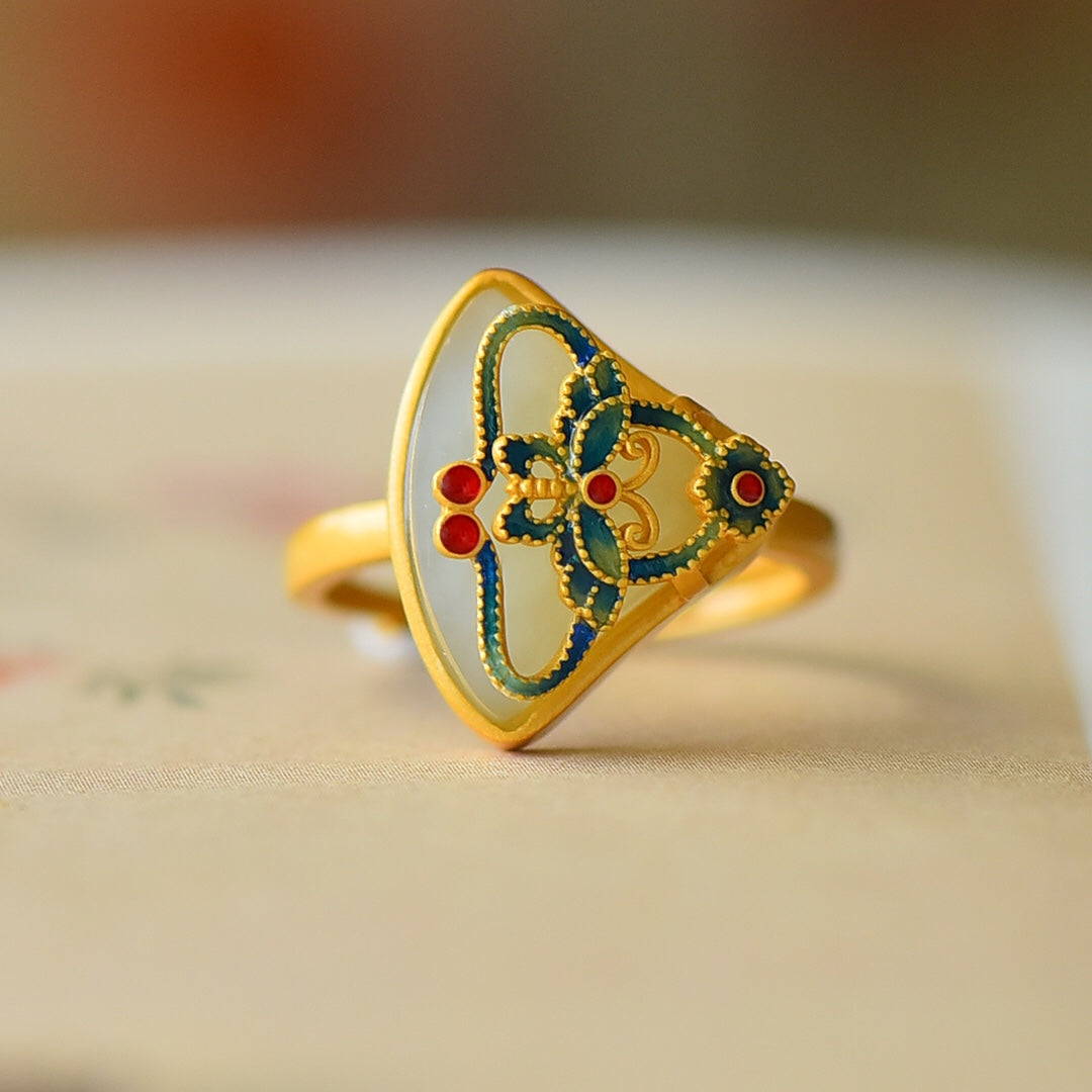 S925 Silver Nephrite Jade Fan-Shaped Butterfly Ring - Elegant Style