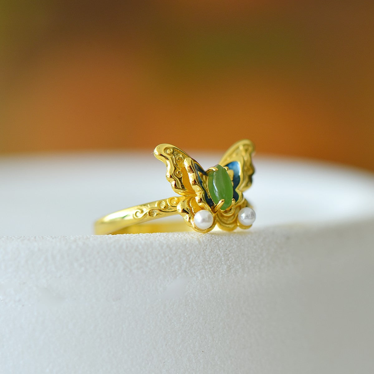 S925 Silver Nephrite Jade Butterfly Ring - Artisan Crafted