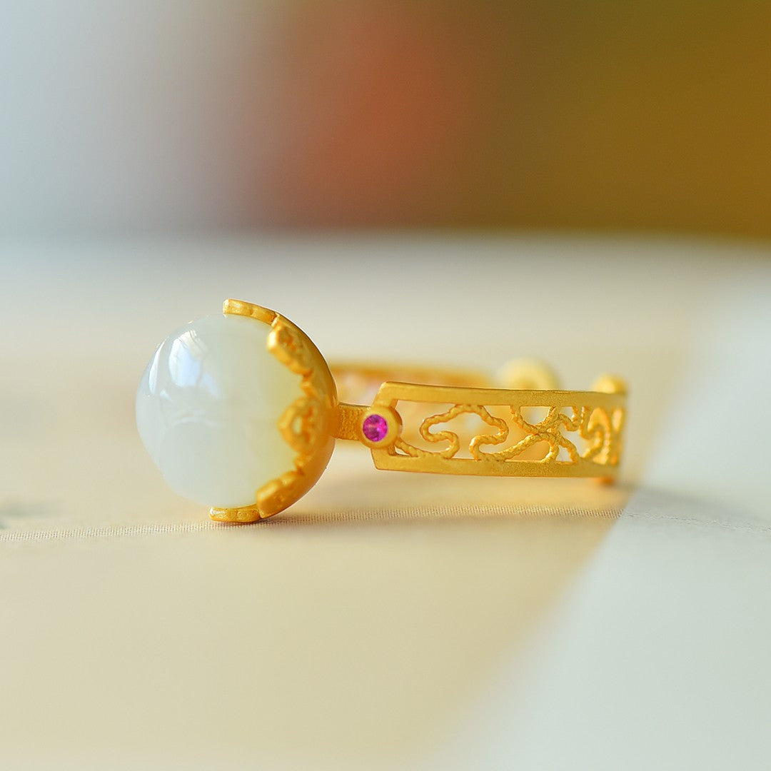 S925 Sterling Silver Nephrite Jade Lotus Bud Ring - Elegant Simple