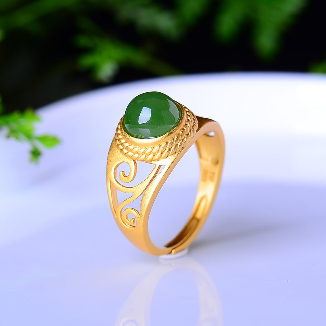 S925 Silver Nephrite Green Jade Frosted Cabochon Ring - Elegant Style