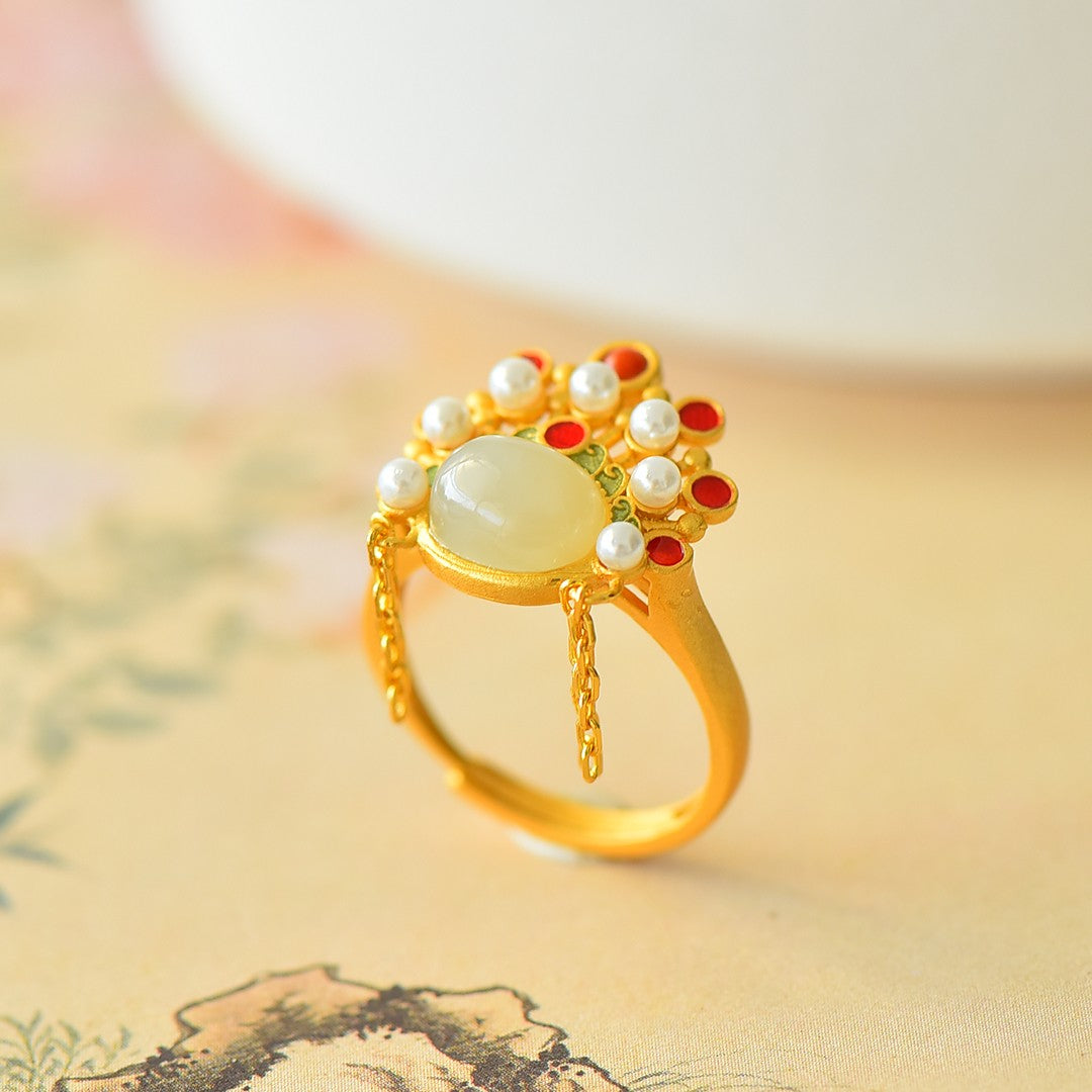 S925 Sterling Silver Nephrite Jade Phoenix Crown Ring - Elegant Style
