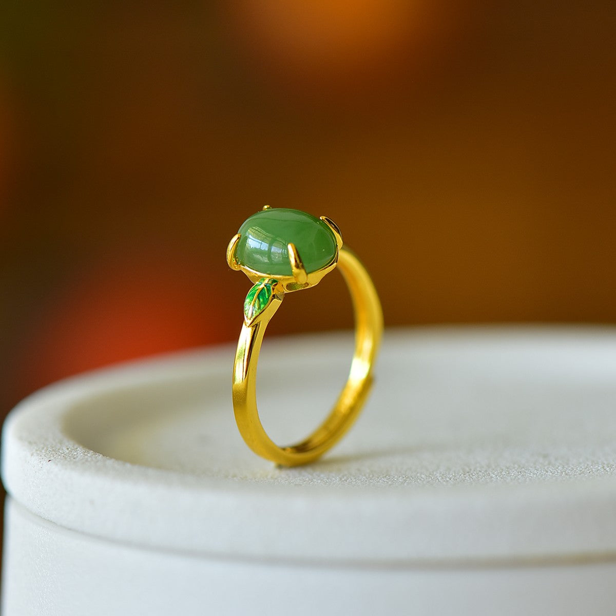 S925 Silver Enamel Nephrite Green Jade Noble Leaf Ring - Elegant Style