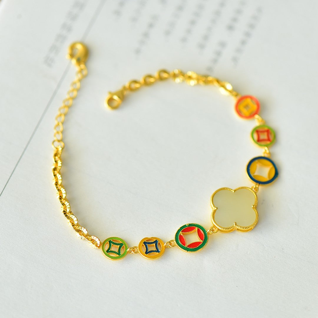 S925 Silver Enamel Nephrite Jade Bangle - Round Cabochon Fashion Style