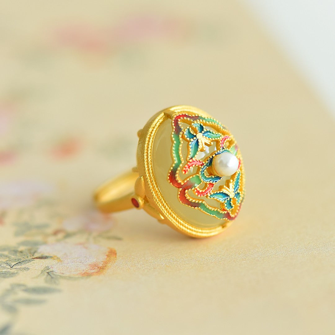 S925 Silver Enamel Nephrite Jade Butterfly & Pearl Ring