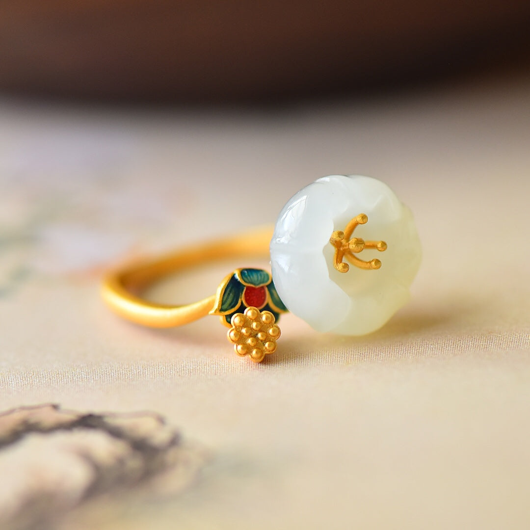 S925 Silver Ancient Method Nephrite Jade Lotus Ring - Elegant Style