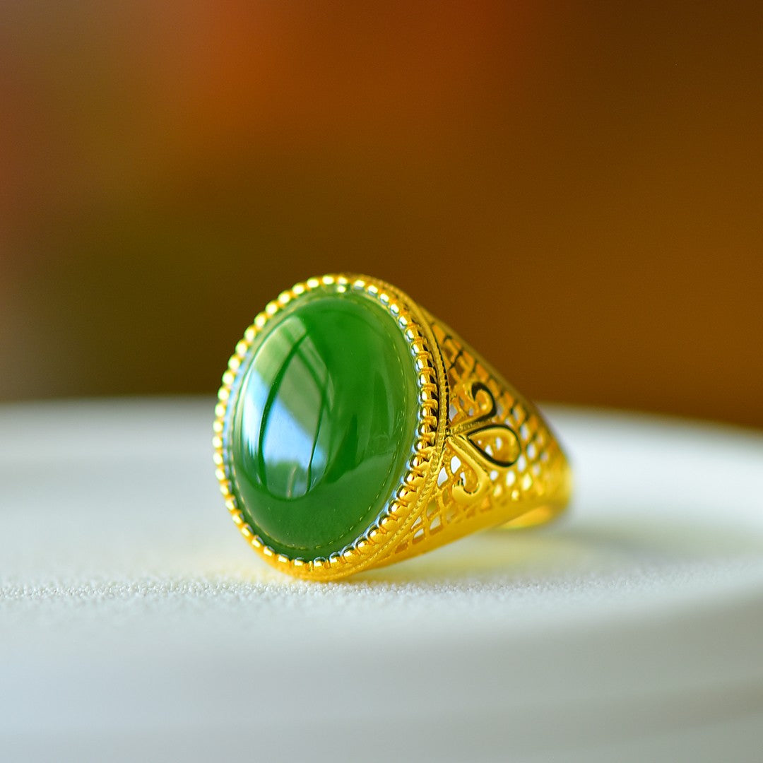 S925 Sterling Silver Nephrite Green Jade Love at First Sight Ring