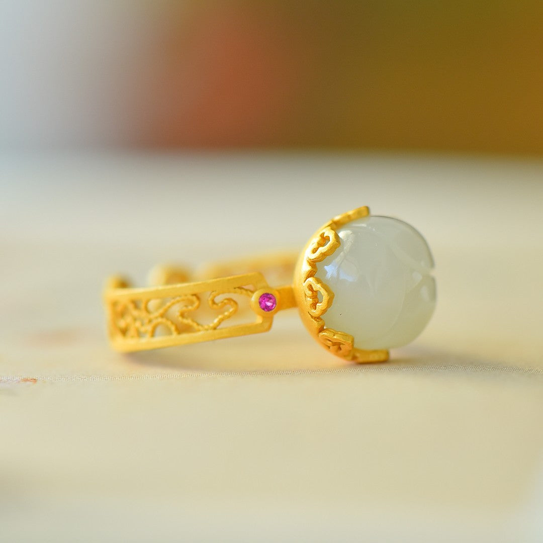 S925 Sterling Silver Nephrite Jade Lotus Bud Ring - Elegant Simple