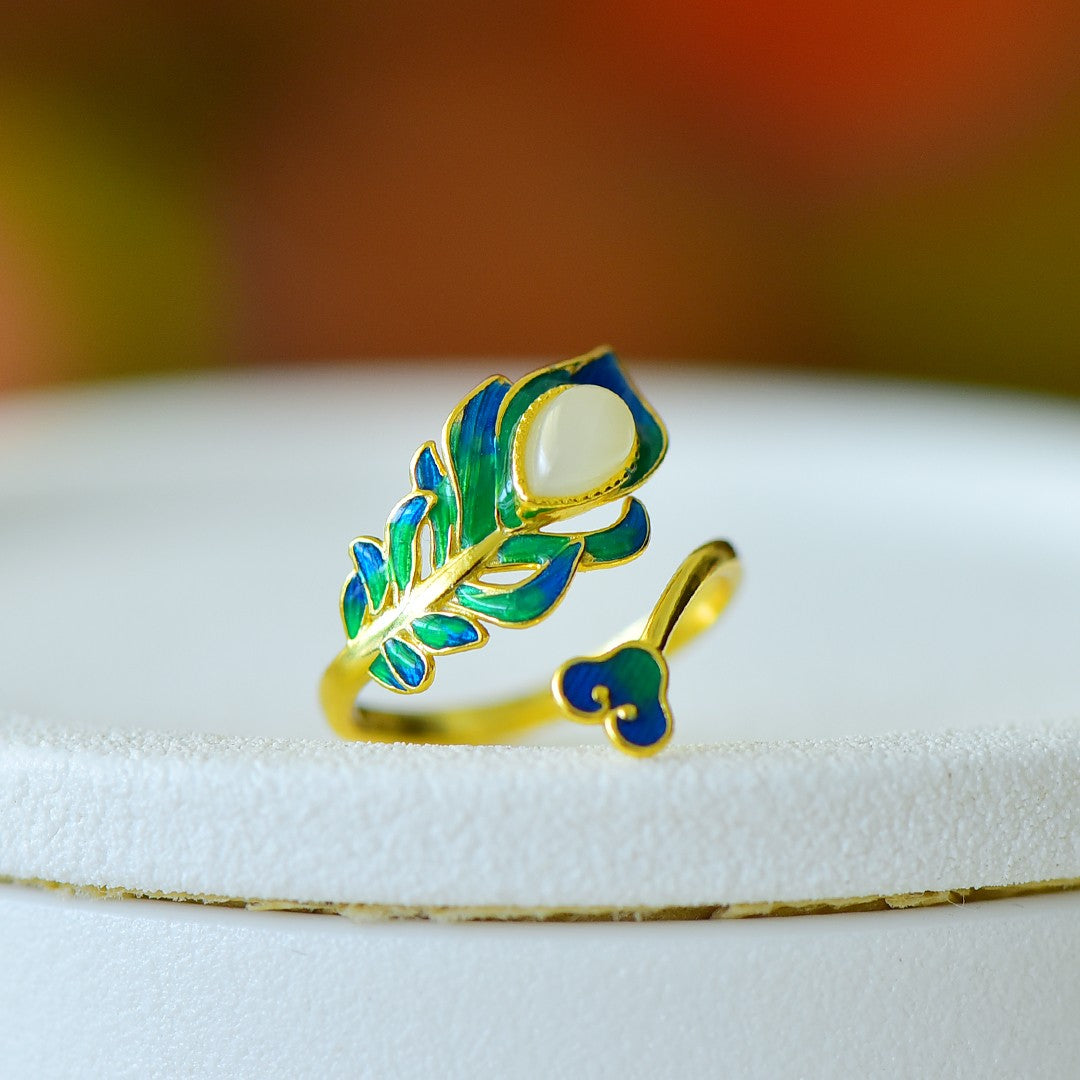 S925 Sterling Silver Enamel Nephrite Jade Noble Leaf Ring - Elegant Blossom