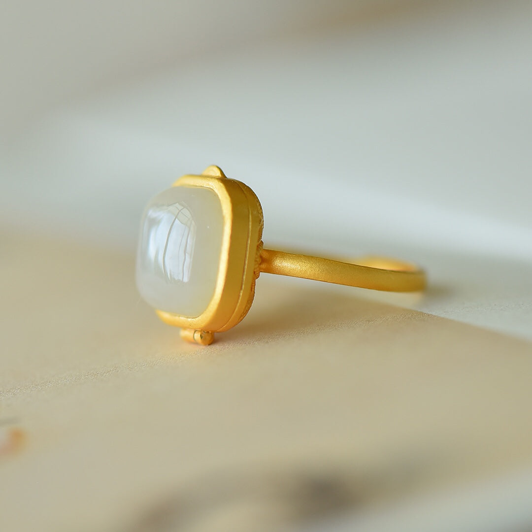 S925 Silver Nephrite Jade Sachet Box Ring - Unique Design