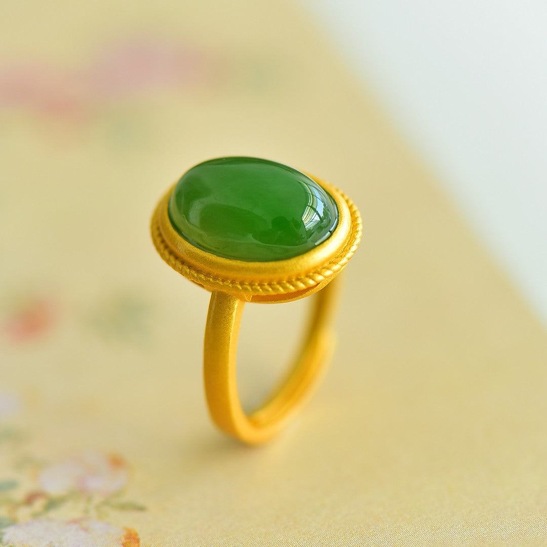 S925 Silver Nephrite Jade Ruyi Frosted Gold Ring - Artisan Design