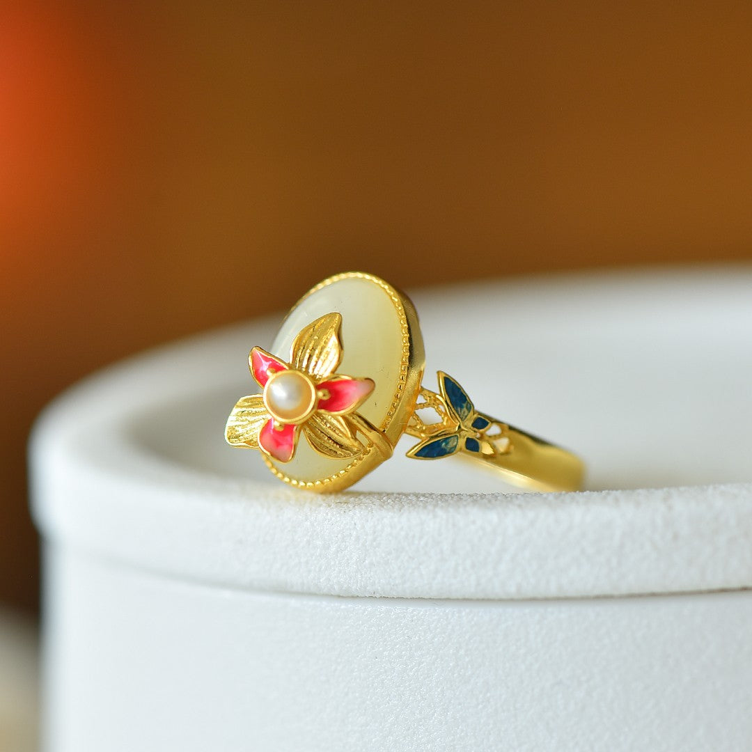 S925 Sterling Silver Enamel Nephrite Jade Butterfly & Flower Ring