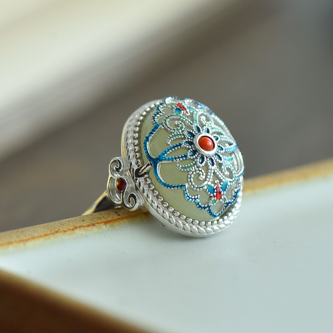 S925 Sterling Silver Enamel Nephrite Jade Prosperity Ring - Classical Style