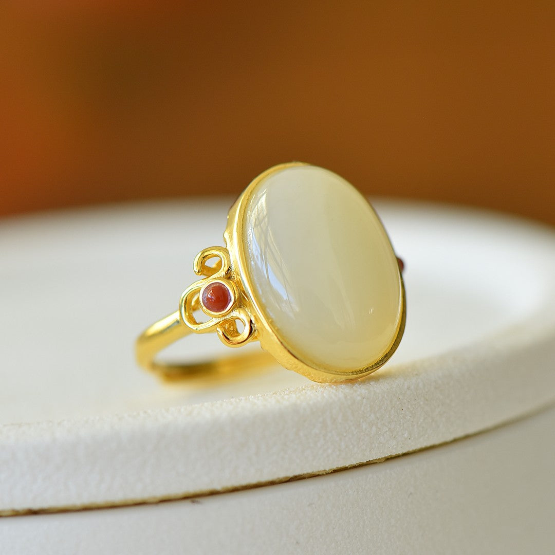 S925 Silver Nephrite Jade Ruyi Cabochon Ring - Elegant Style