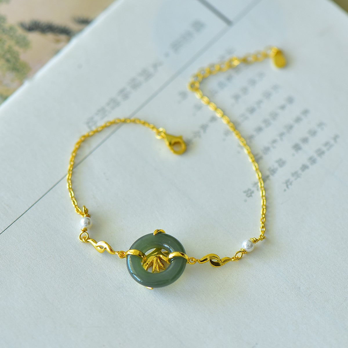 S925 Silver Nephrite Jade Bangle - Lotus & Peace Ring Artisan Style