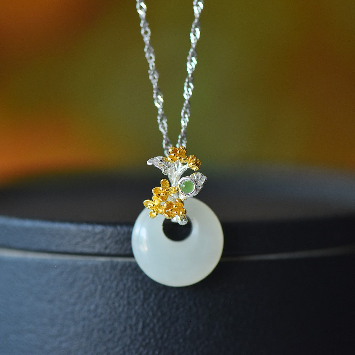 S925 Sterling Silver Nephrite Jade Flower Goddess August Osmanthus Jewelry Set