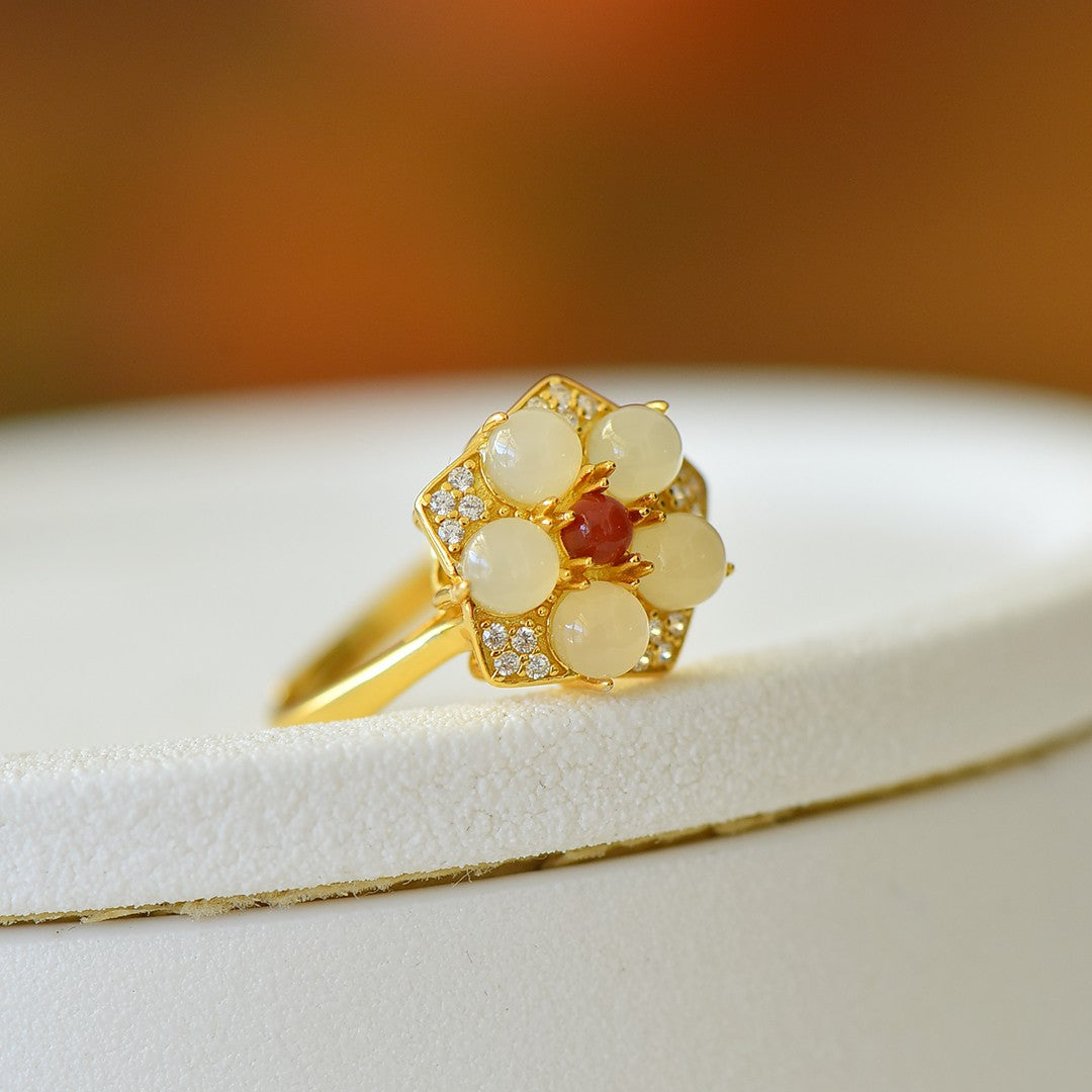 S925 Sterling Silver Nephrite Jade Five-Petal Flower Ring - Delicate