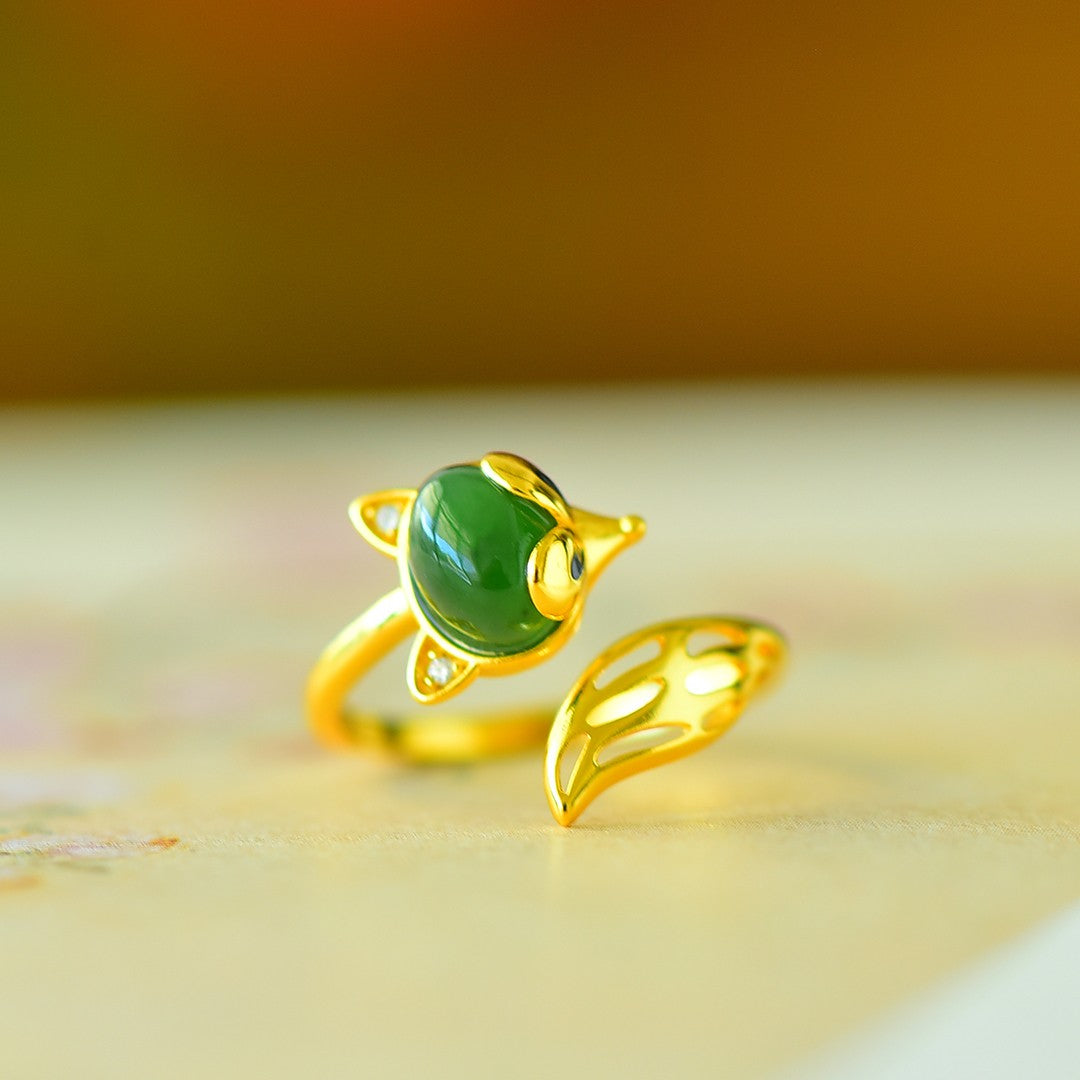 S925 Sterling Silver Nephrite Green Jade Fox Ring - Unique Luck Jewelry