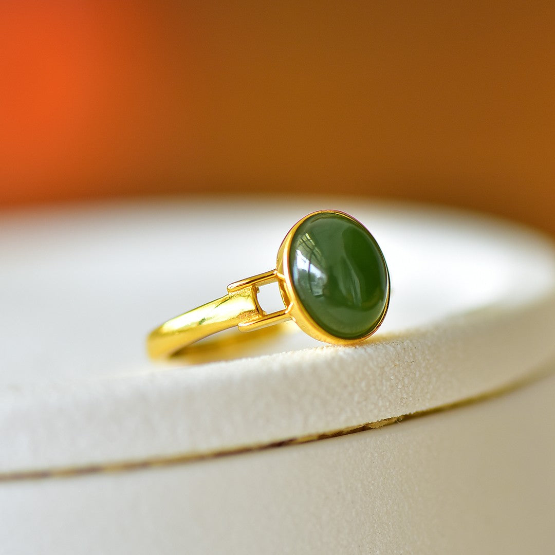 S925 Sterling Silver Nephrite Green Jade Fullness Simple Ring
