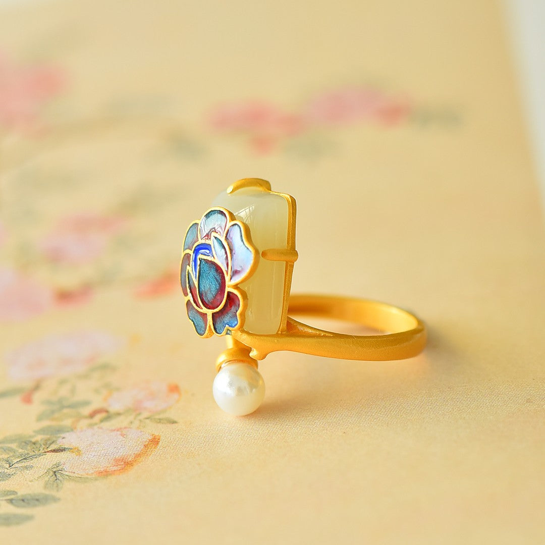 S925 Sterling Silver Enamel Nephrite Jade Peony Flower Ring