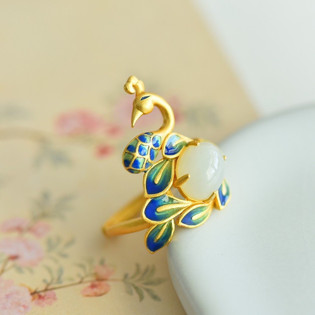 S925 Sterling Silver Nephrite Jade Phoenix Tail Ring - Success & Luck