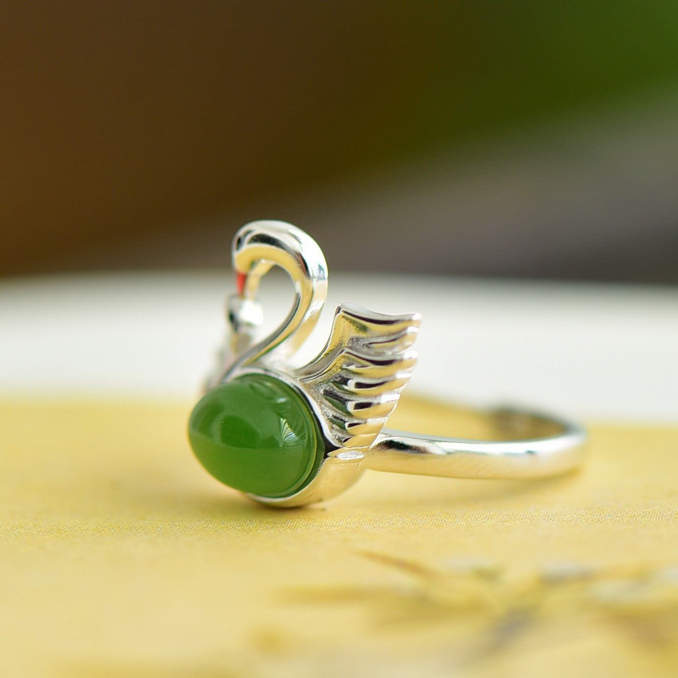 S925 Silver Nephrite Green Jade Swan Ring - Delicate Design