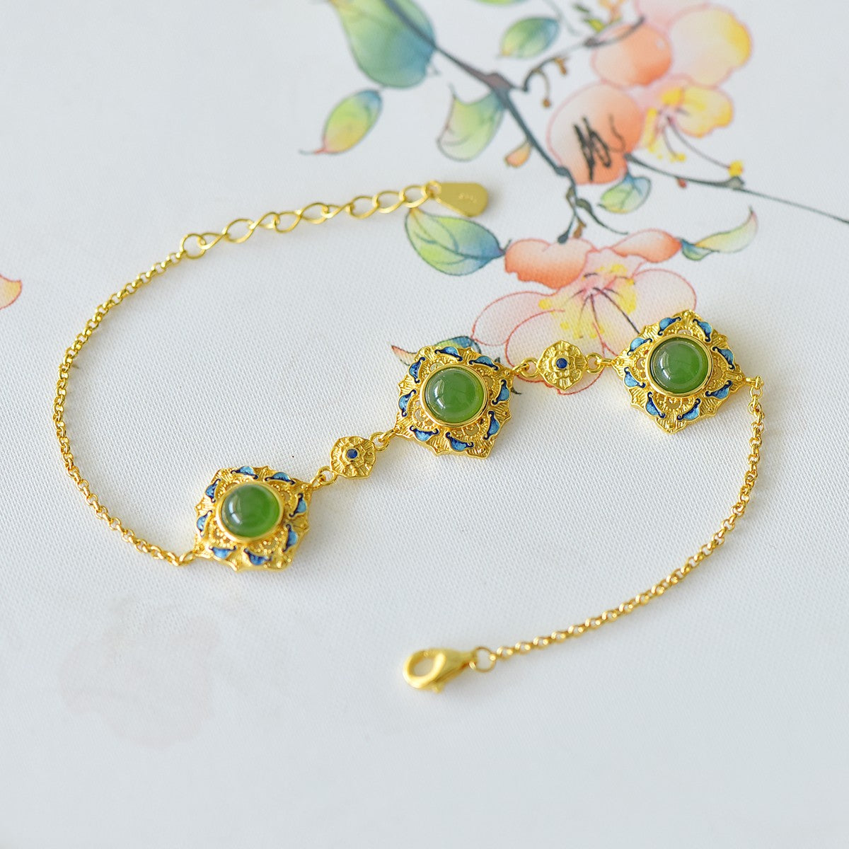 S925 Silver Nephrite Jade Bangle - Flower Goddess January Plum
