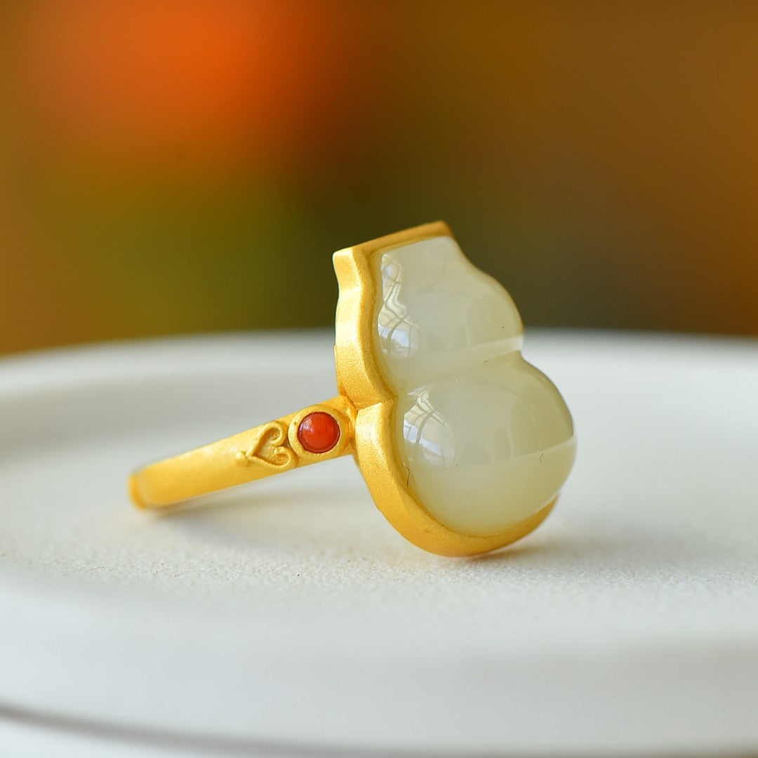 S925 Silver Nephrite White Jade Gourd Hulu Ring - Elegant Simple