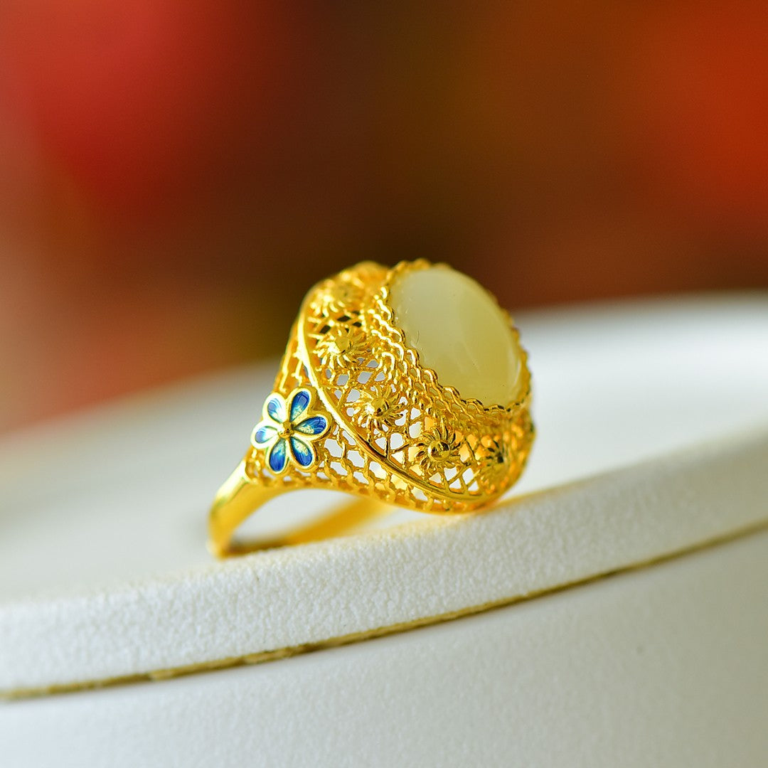 S925 Silver Enamel Nephrite Jade Flower Blossom Ring - Elegant Style