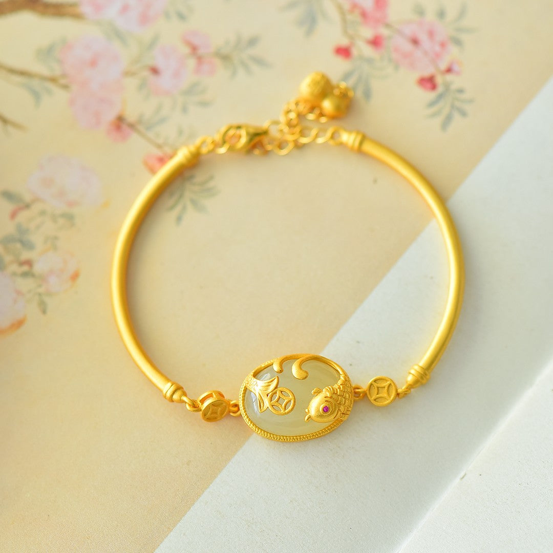 S925 Silver Nephrite Jade Bangle - Success Enamel Inlay Design