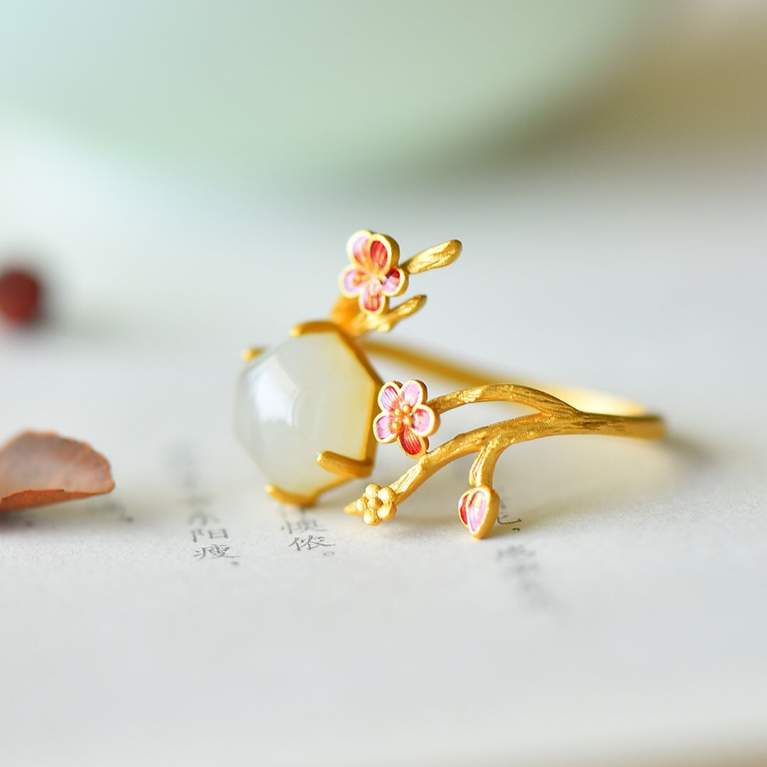 S925 Sterling Silver Ancient Method Enamel Nephrite Jade Plum Blossom Ring