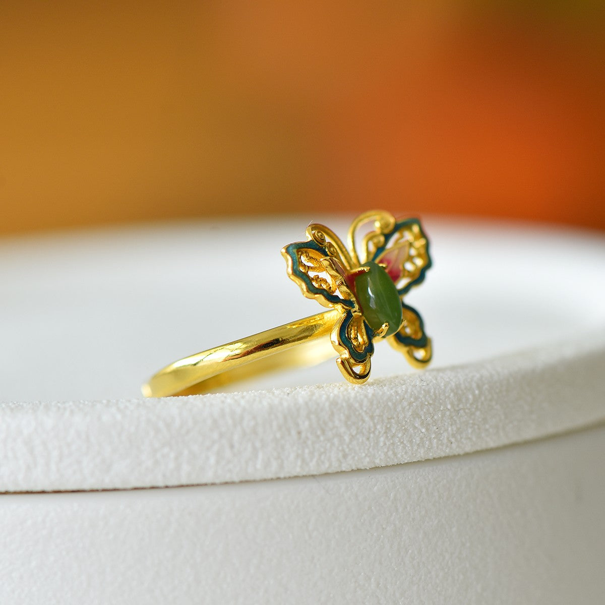 S925 Silver Enamel Nephrite Jade Butterfly Marquise Ring - Unique Design
