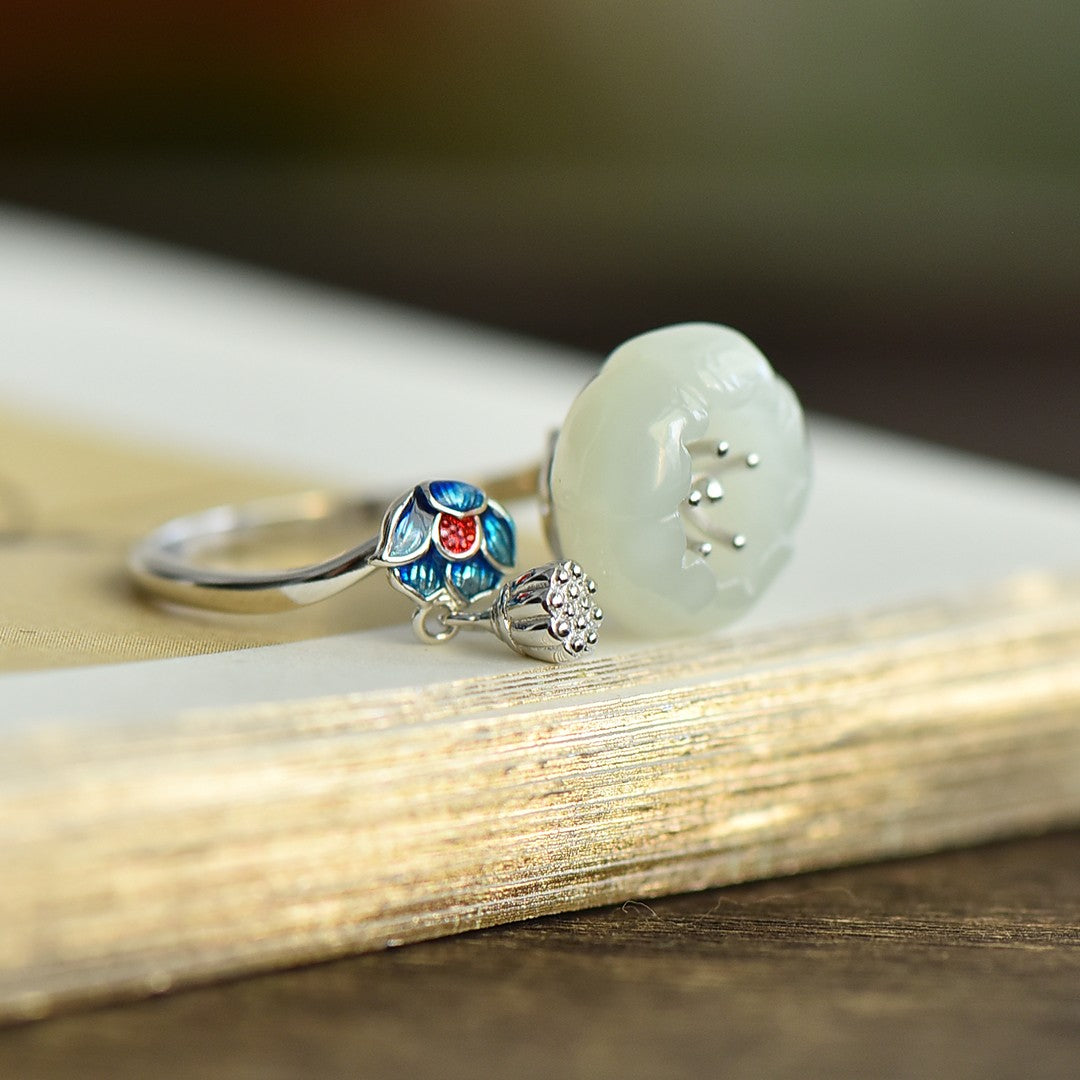 S925 Silver Nephrite Jade Lotus Ring - Elegant Artisan Style