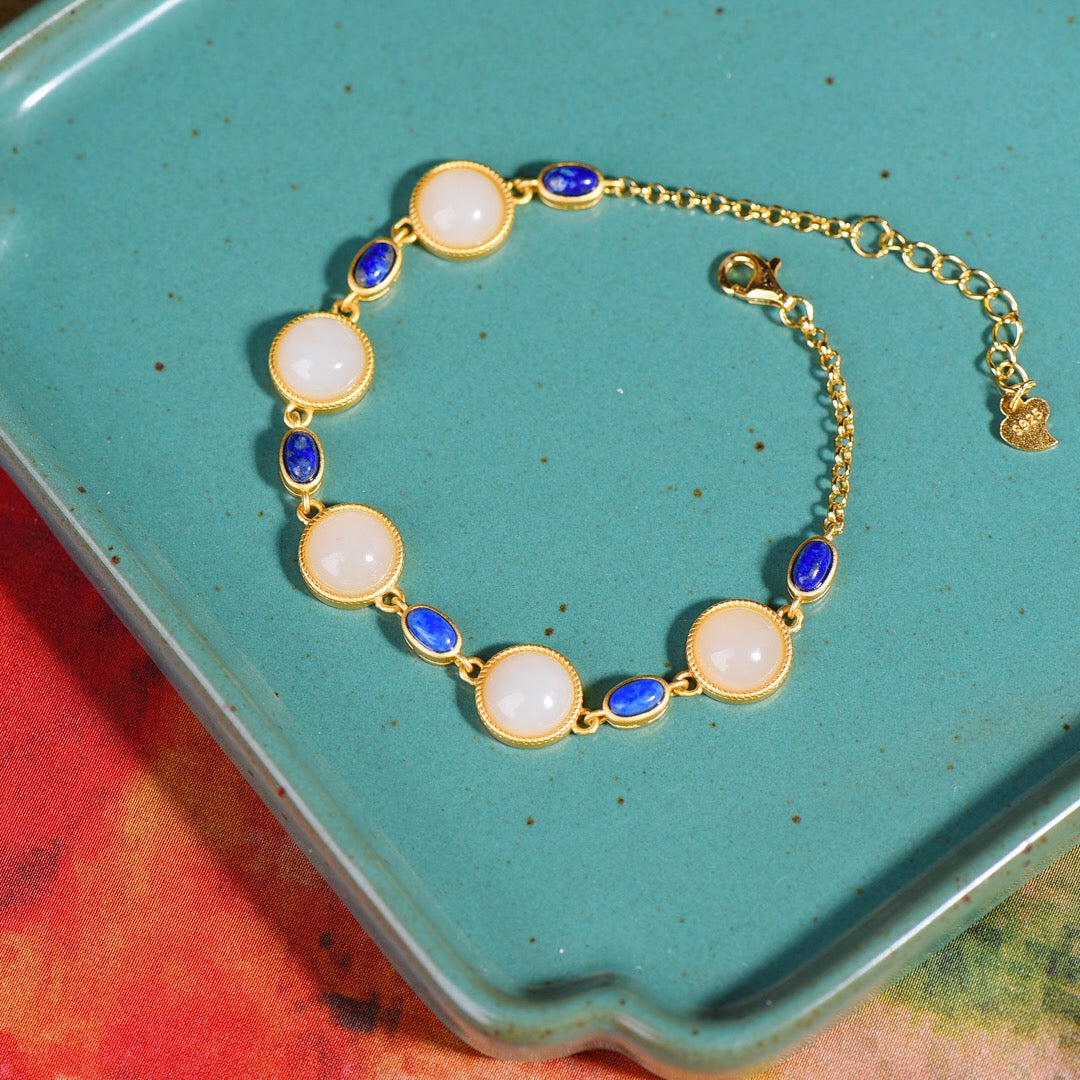 S925 Sterling Silver Nephrite Jade Bangle - Lapis Lazuli Accents Artisan Style