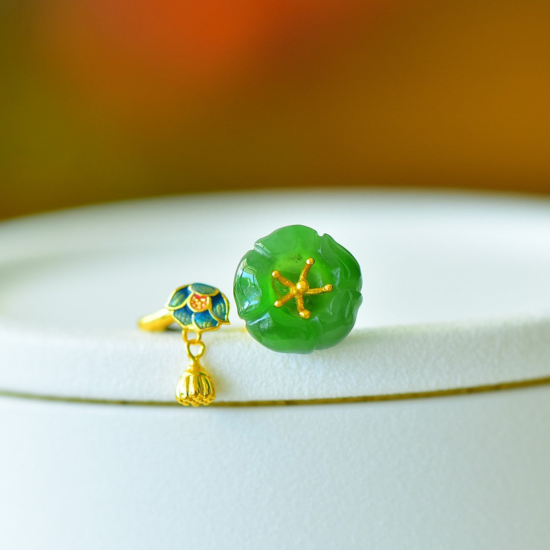 S925 Silver Nephrite Green Jade Lotus & Pod Ring - Artisan Crafted