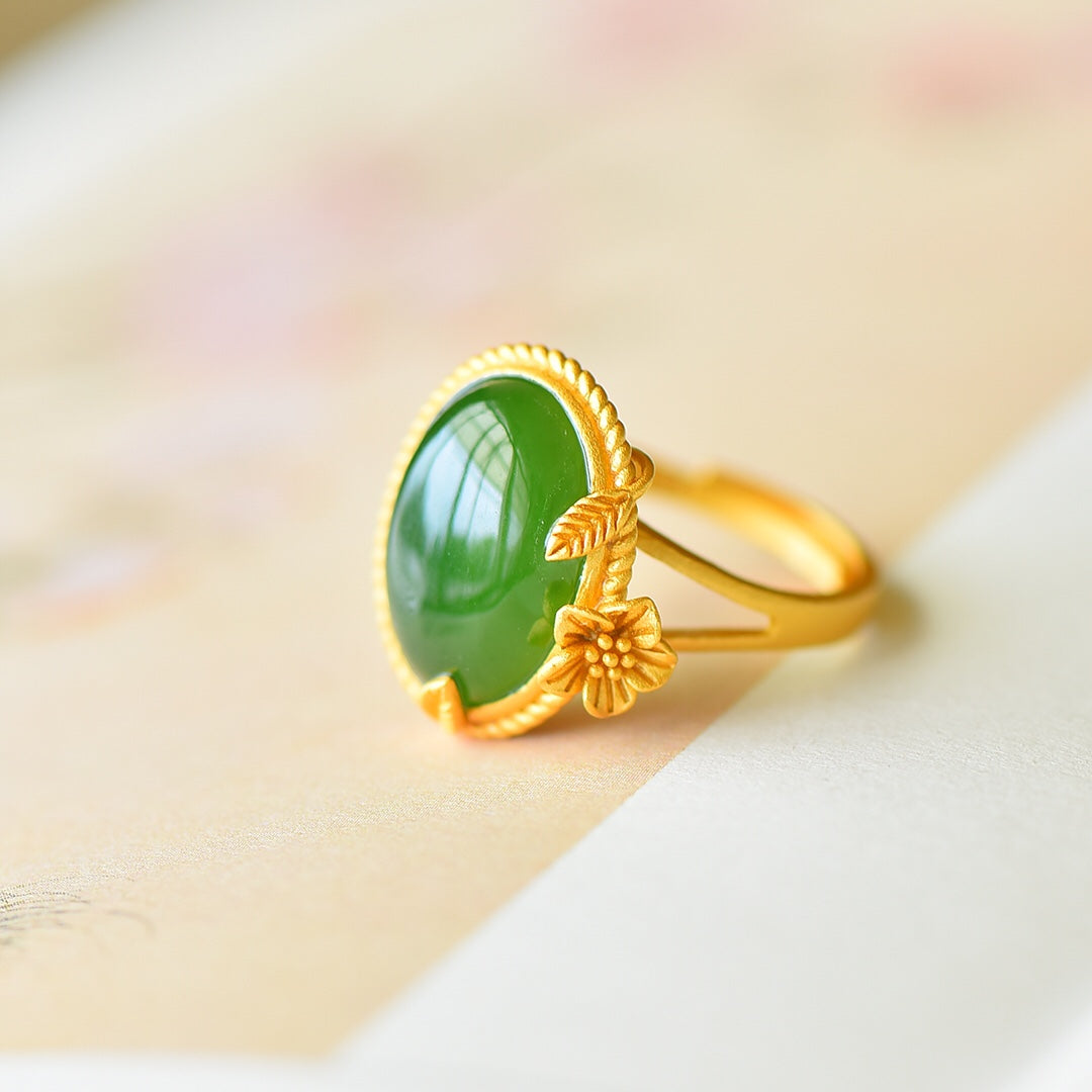 S925 Sterling Silver Nephrite Green Jade Cabochon Ring - Minimalist