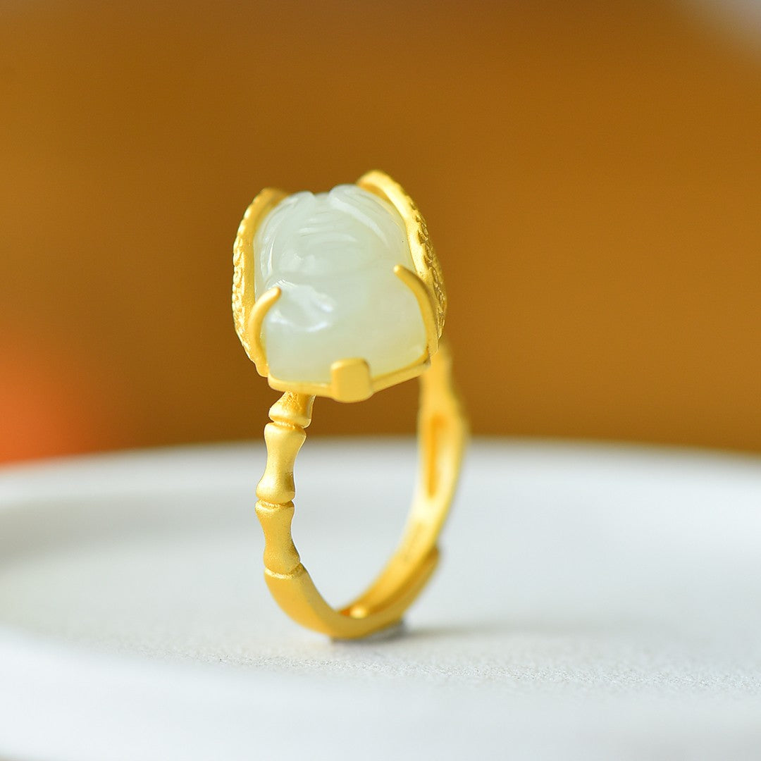 S925 Sterling Silver Nephrite Jade Cicada of Success Ring